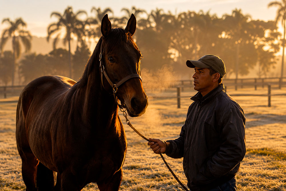 Cavalo de corrida no inverno sendo preparado para o treino